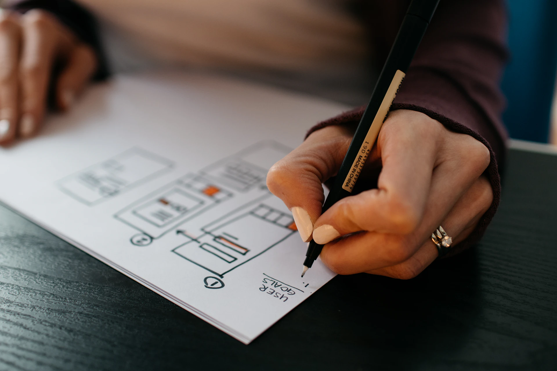 Wireframe de página web dibujado en papel